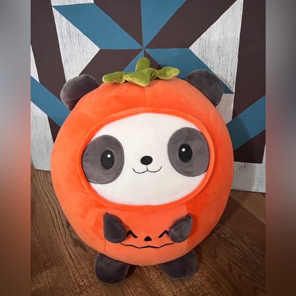 Stuffed Panda in a Pumpkin Costume Halloween Fall Harvest Toy Decoration - Picture 1 of 6